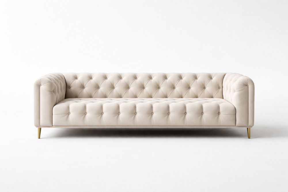 Beige Velvet Button-Tufted Sofa with Gold Legs